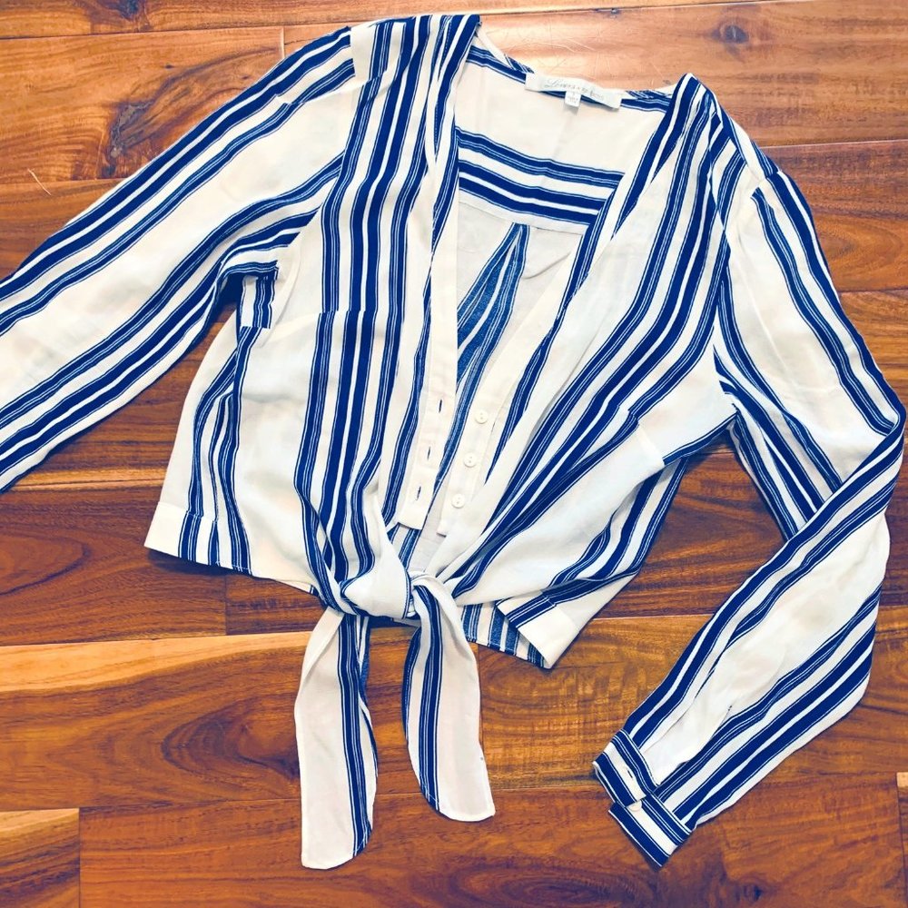 Long sleeve blue and white stripe blouse with tie